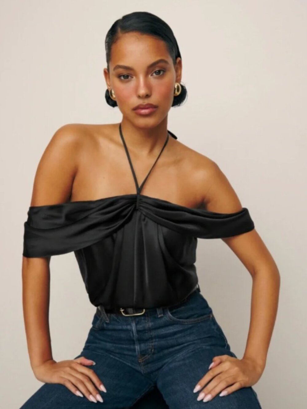 Reformation S Nancy Silk Top Off the Shoulder Tie Front Halter Black